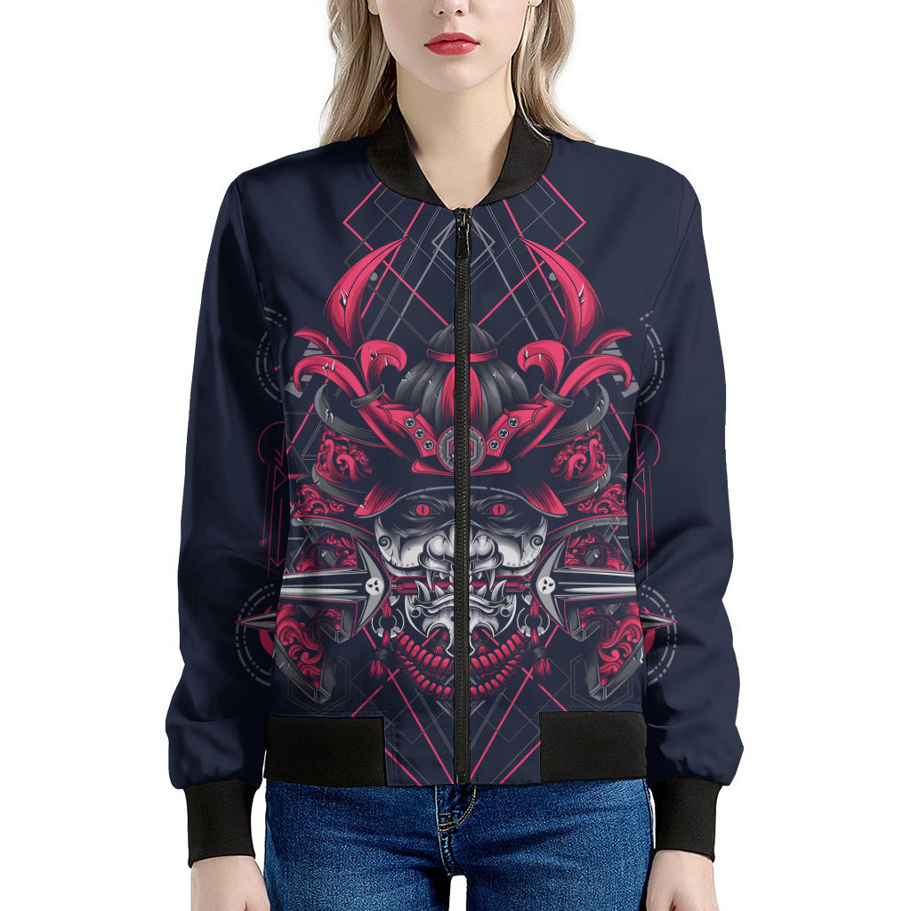 Geometric Samurai Mask Print Women's Bomber Jacket