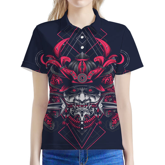 Geometric Samurai Mask Print Women's Polo Shirt