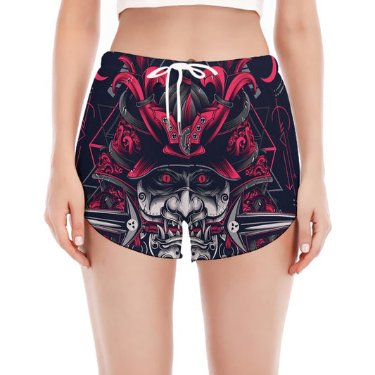 Geometric Samurai Mask Print Women's Split Running Shorts