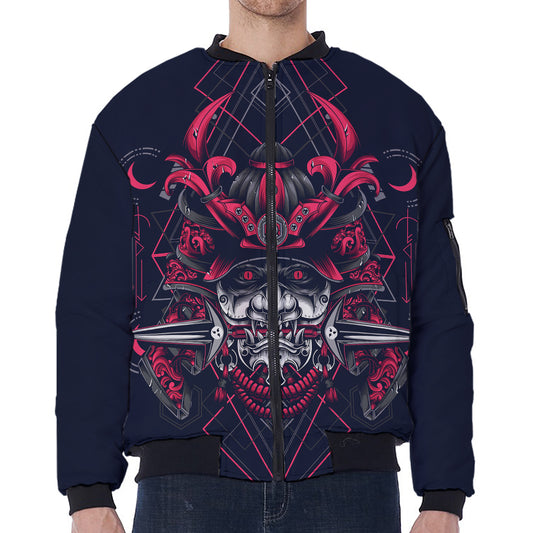 Geometric Samurai Mask Print Zip Sleeve Bomber Jacket