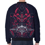 Geometric Samurai Mask Print Zip Sleeve Bomber Jacket
