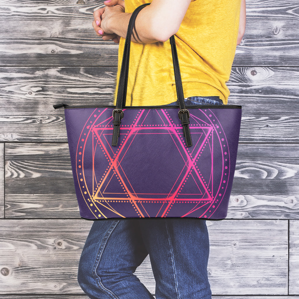 Geometric Star of David Print Leather Tote Bag