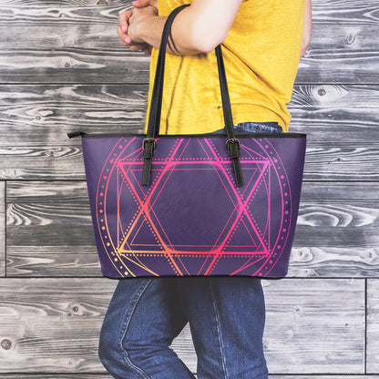 Geometric Star of David Print Leather Tote Bag