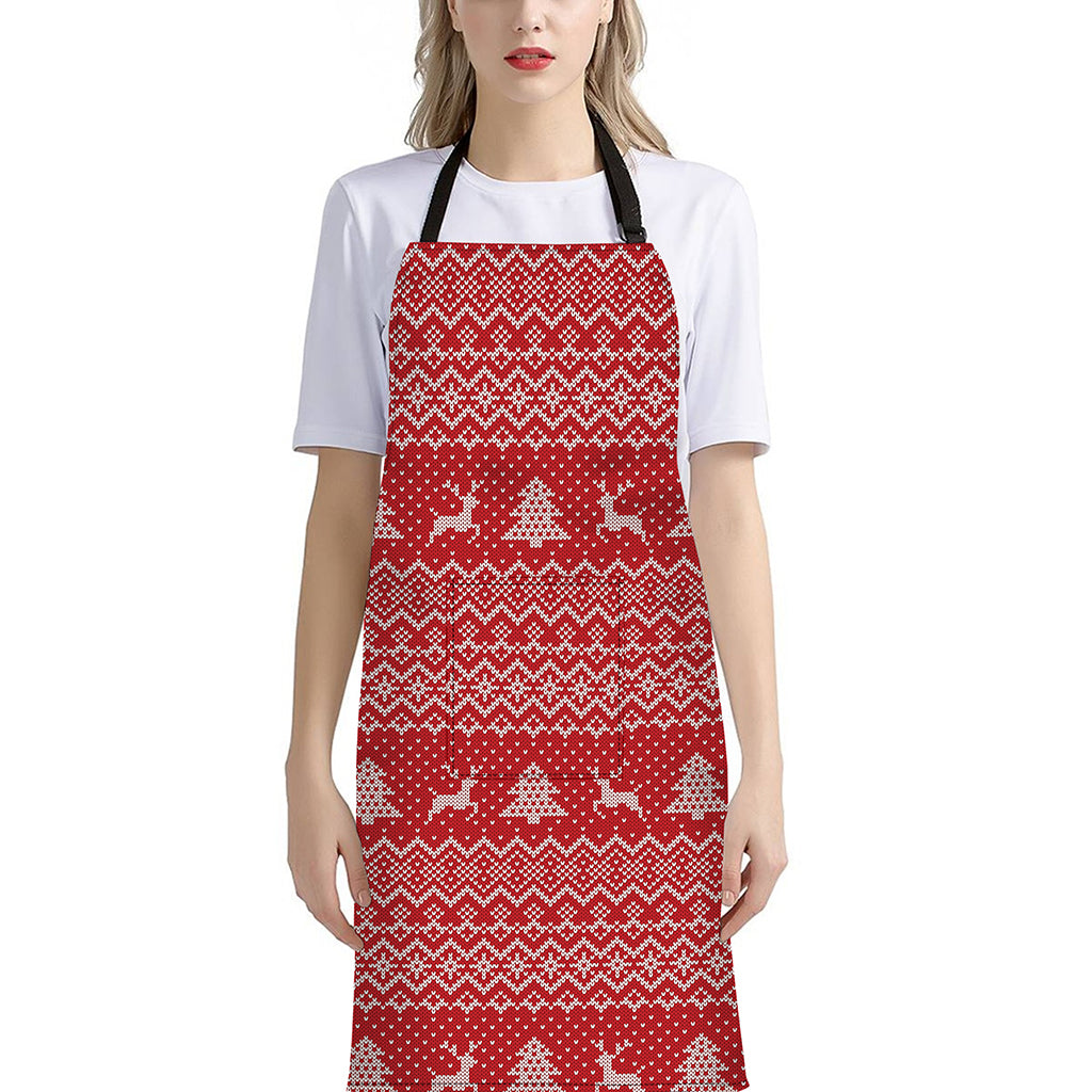 Geometric Xmas Knitted Pattern Print Bib Apron With Pocket