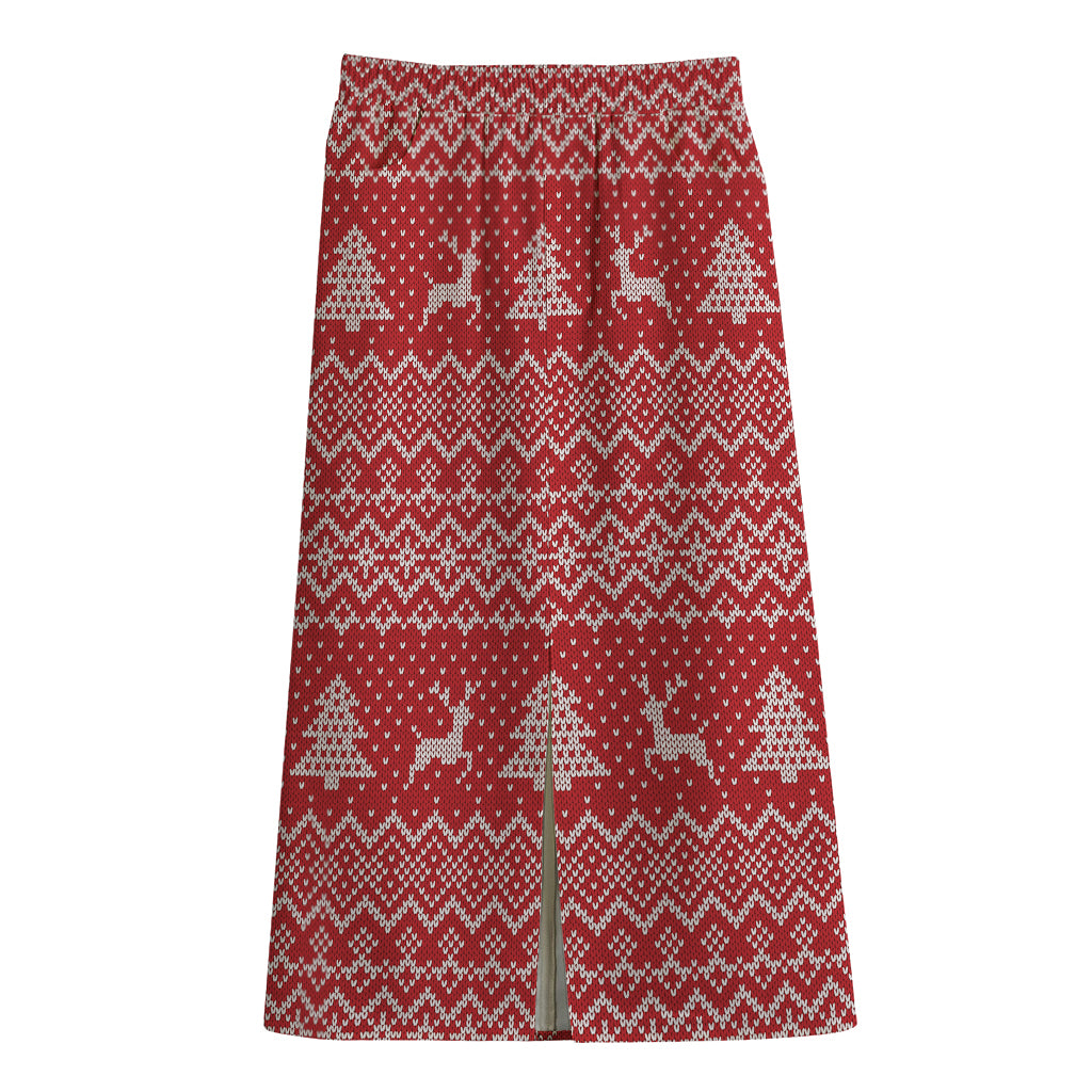 Geometric Xmas Knitted Pattern Print Cotton Front Slit Maxi Skirt