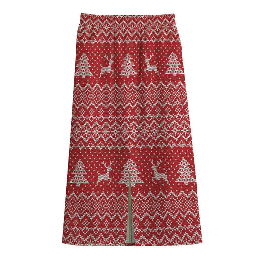 Geometric Xmas Knitted Pattern Print Cotton Front Slit Maxi Skirt