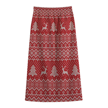 Geometric Xmas Knitted Pattern Print Cotton Front Slit Maxi Skirt