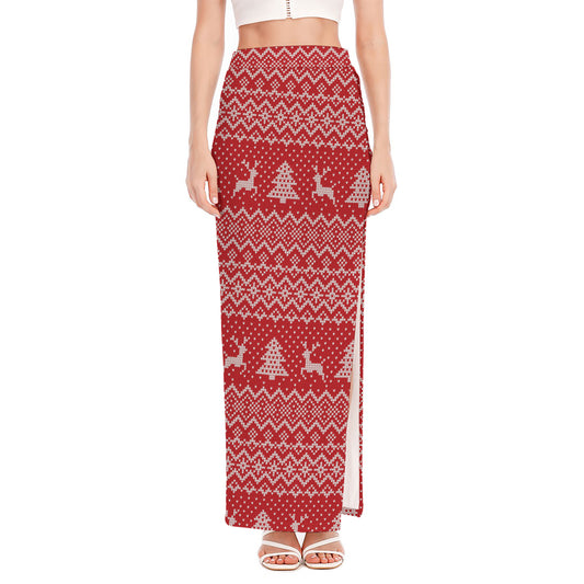 Geometric Xmas Knitted Pattern Print High Slit Maxi Skirt