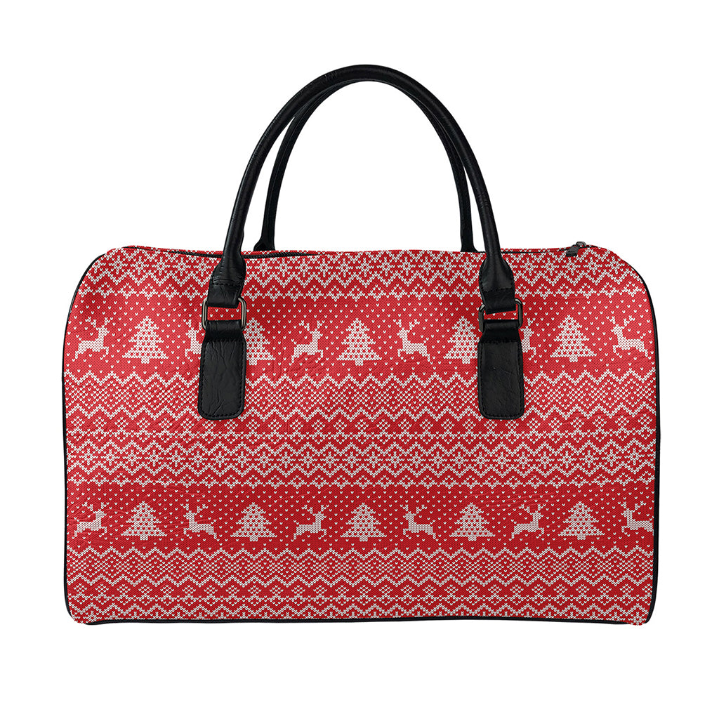 Geometric Xmas Knitted Pattern Print Leather Duffle Bag