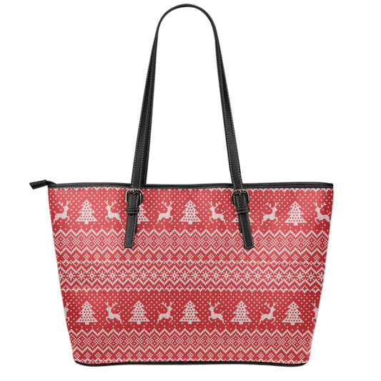 Geometric Xmas Knitted Pattern Print Leather Tote Bag