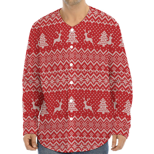 Geometric Xmas Knitted Pattern Print Long Sleeve Baseball Jersey