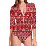 Geometric Xmas Knitted Pattern Print Long Sleeve Swimsuit