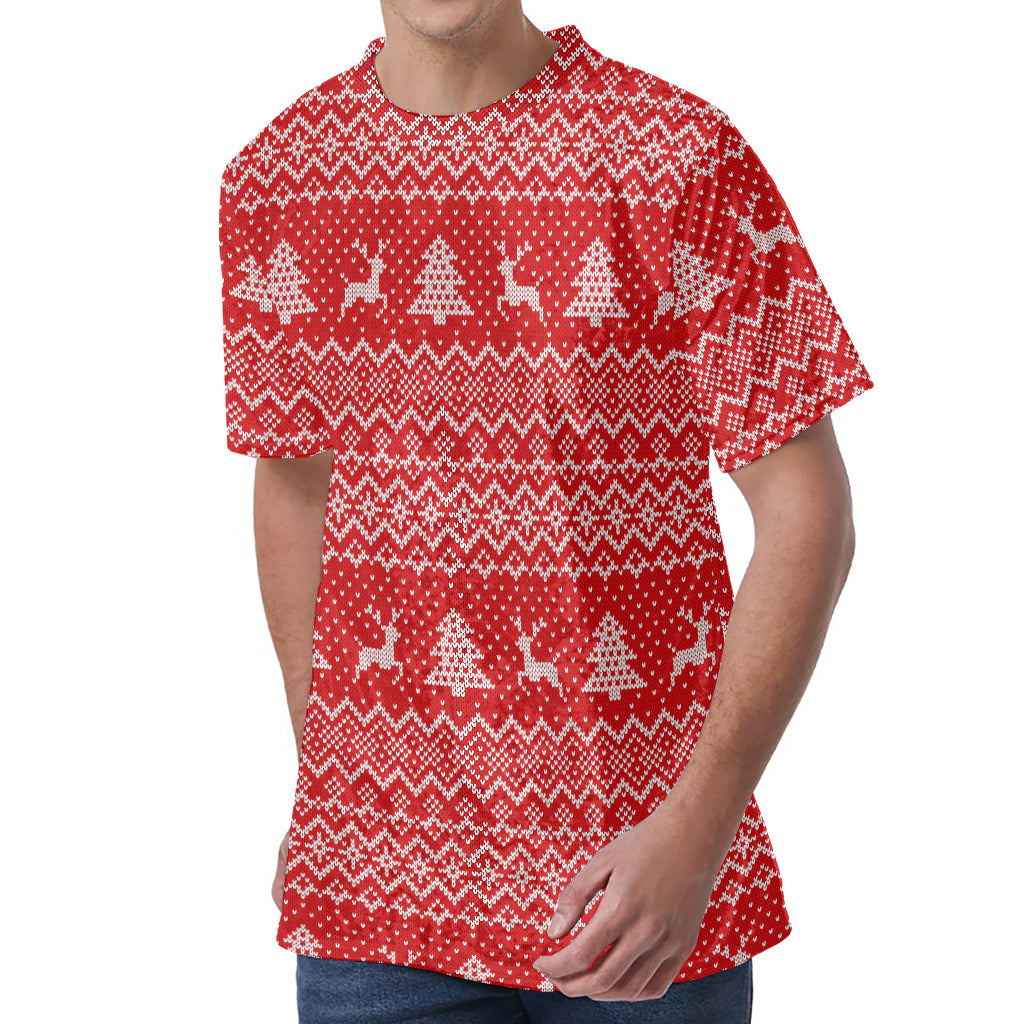 Geometric Xmas Knitted Pattern Print Men's Velvet T-Shirt