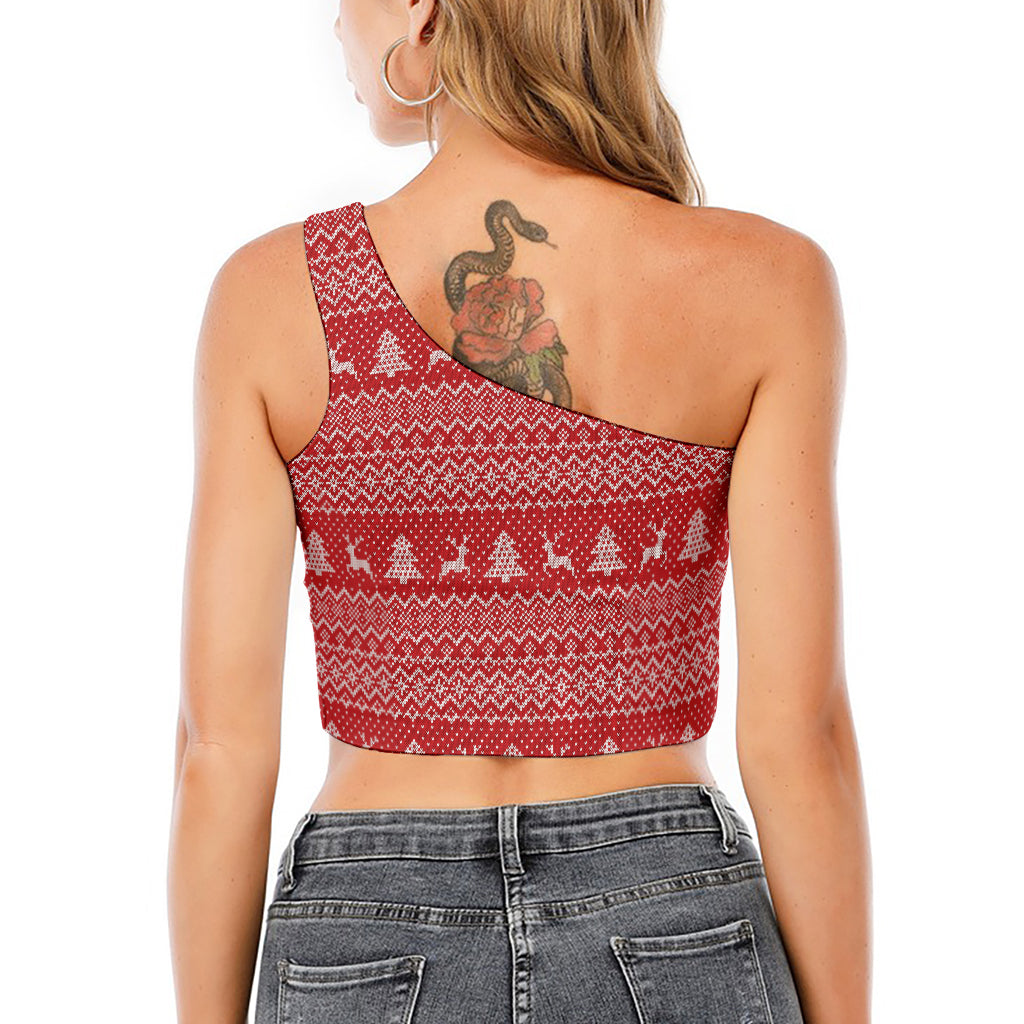 Geometric Xmas Knitted Pattern Print One Shoulder Crop Top