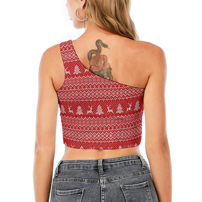 Geometric Xmas Knitted Pattern Print One Shoulder Crop Top