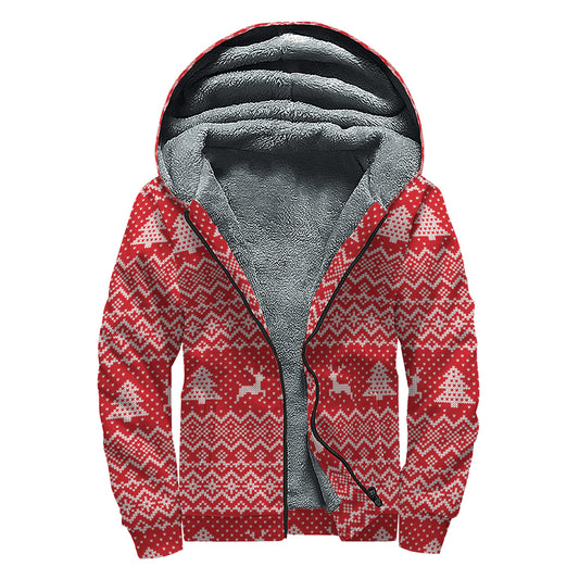 Geometric Xmas Knitted Pattern Print Sherpa Lined Zip Up Hoodie