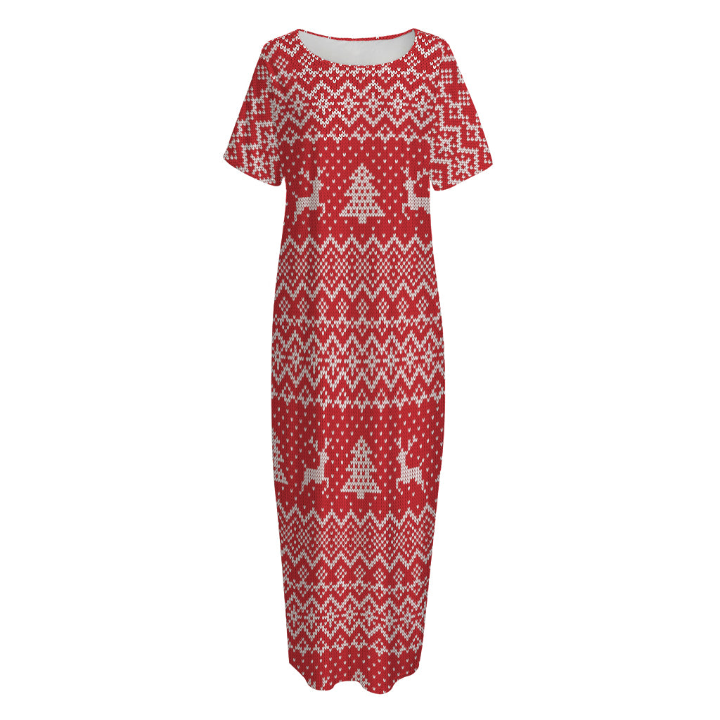 Geometric Xmas Knitted Pattern Print Short Sleeve Long Nightdress