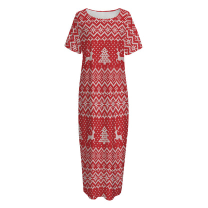 Geometric Xmas Knitted Pattern Print Short Sleeve Long Nightdress