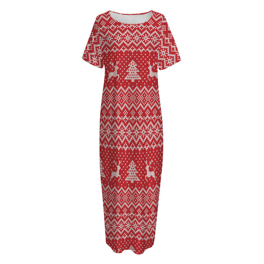 Geometric Xmas Knitted Pattern Print Short Sleeve Long Nightdress