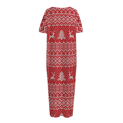 Geometric Xmas Knitted Pattern Print Short Sleeve Long Nightdress
