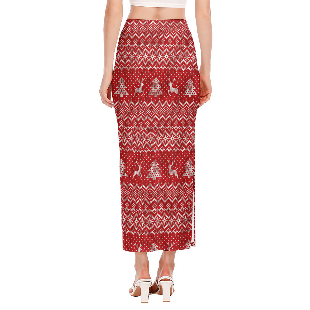 Geometric Xmas Knitted Pattern Print Side Slit Maxi Skirt