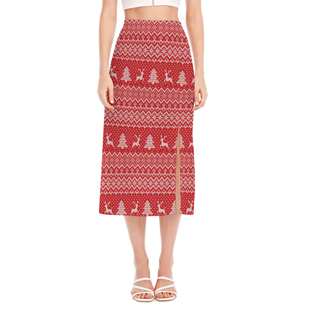 Geometric Xmas Knitted Pattern Print Side Slit Midi Skirt
