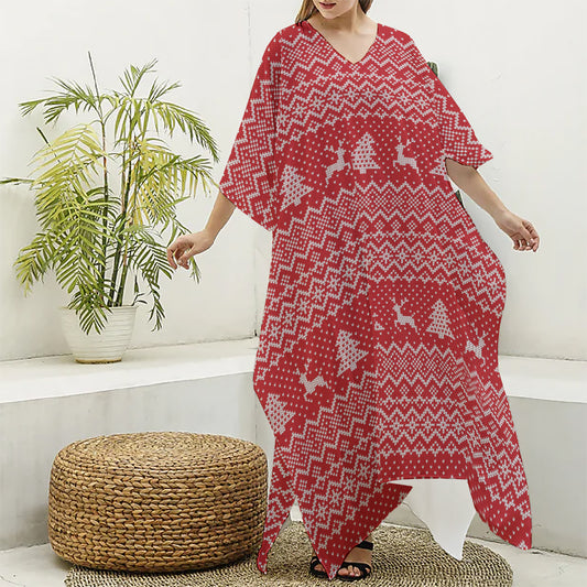 Geometric Xmas Knitted Pattern Print Silk V-Neck Kaftan Dress
