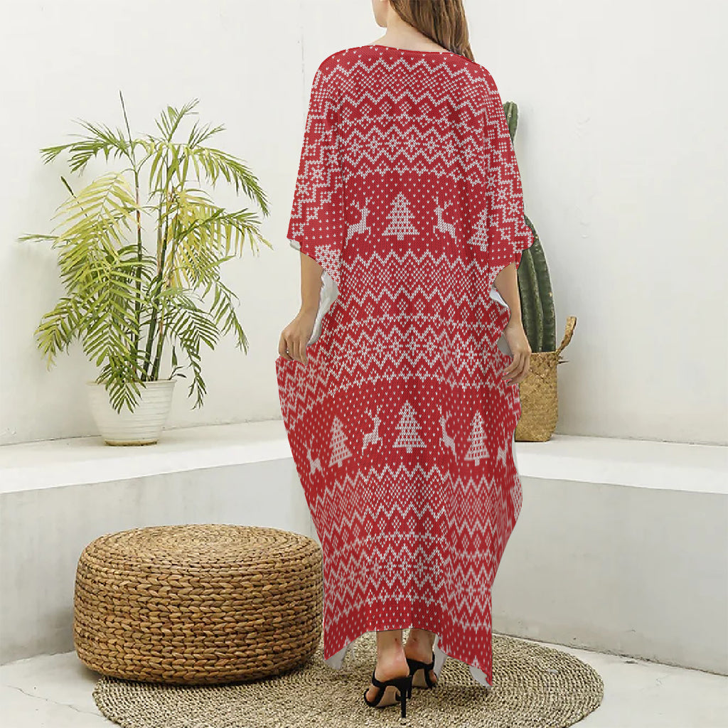 Geometric Xmas Knitted Pattern Print Silk V-Neck Kaftan Dress