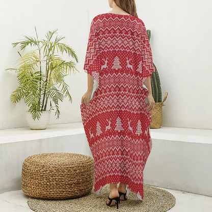 Geometric Xmas Knitted Pattern Print Silk V-Neck Kaftan Dress