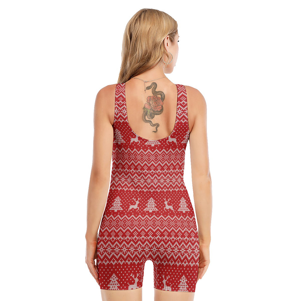 Geometric Xmas Knitted Pattern Print Sleeveless One Piece Swimsuit