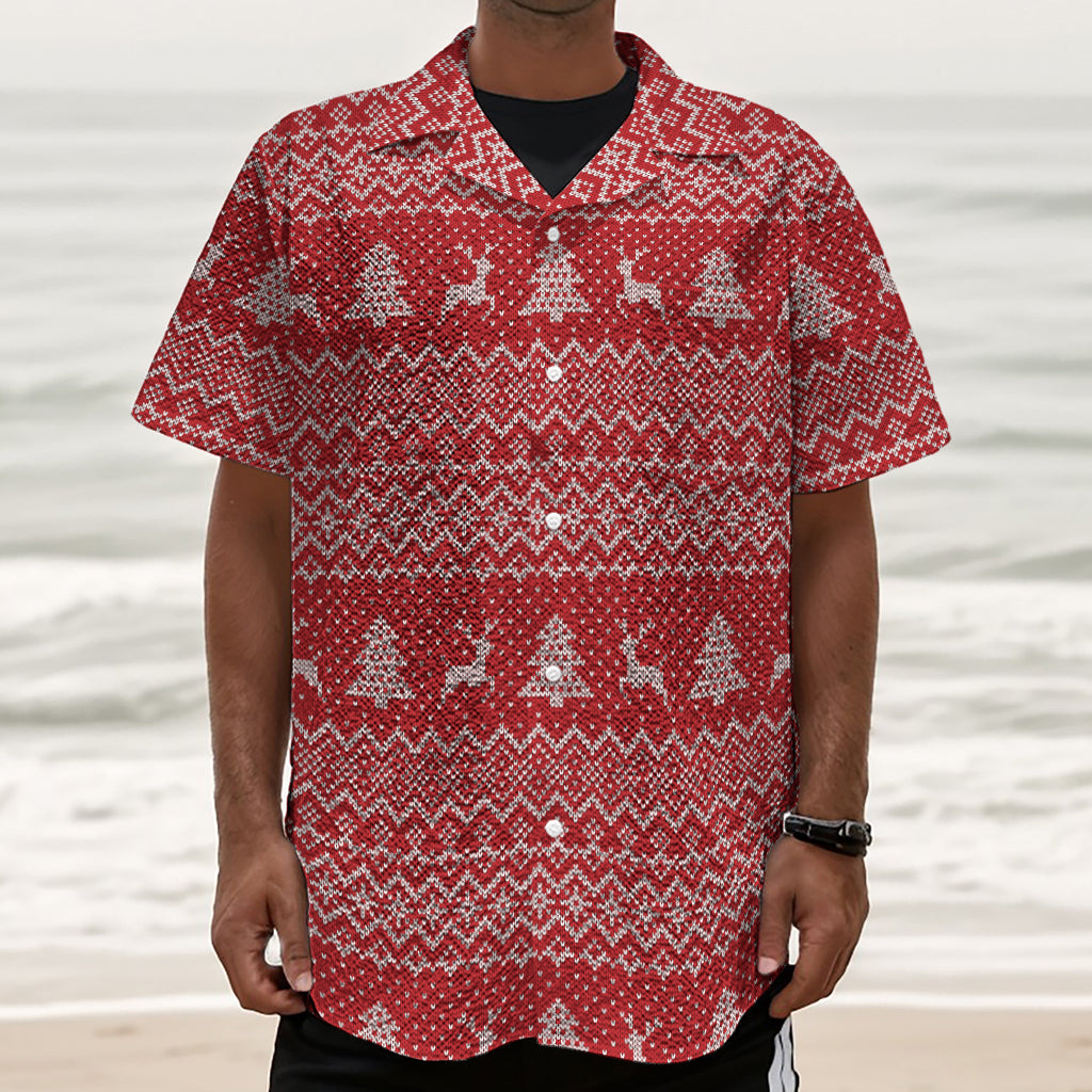 Geometric Xmas Knitted Pattern Print Textured Short Sleeve Shirt