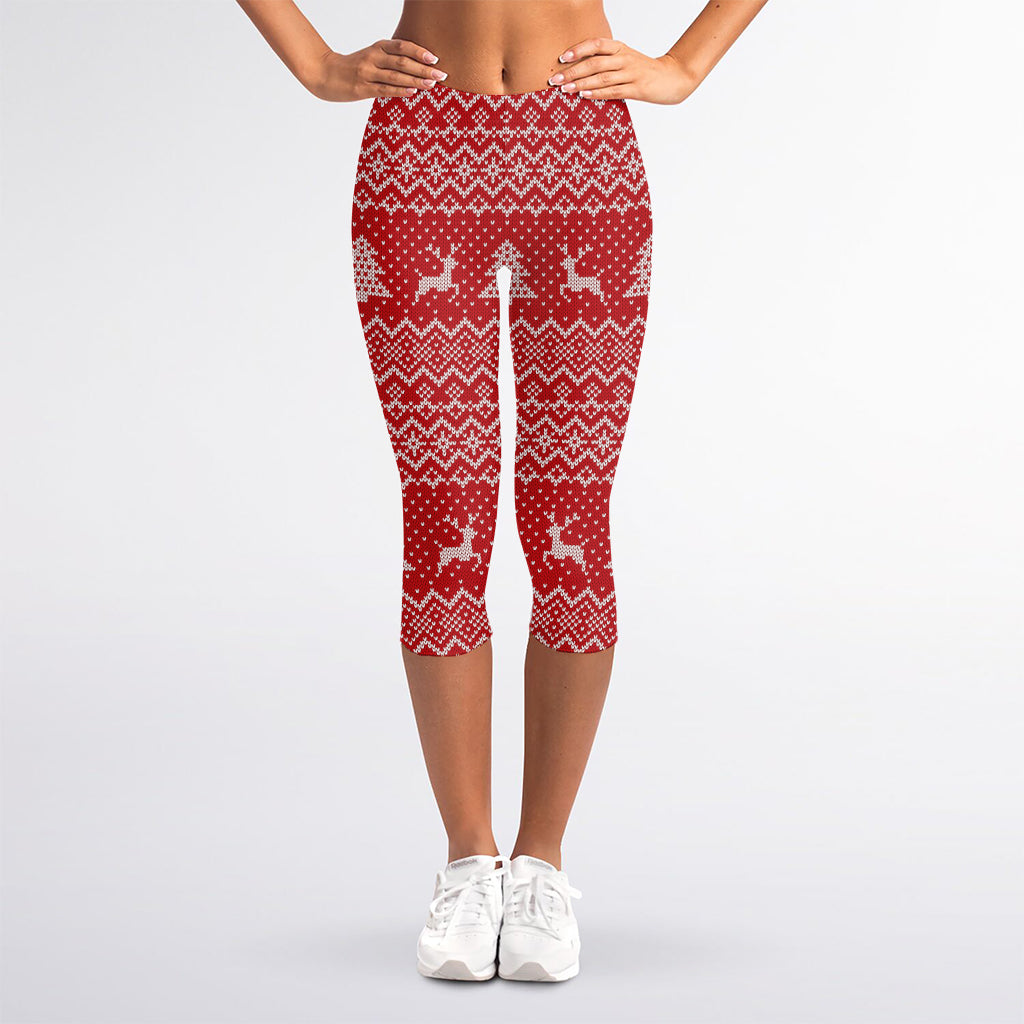 Geometric Xmas Knitted Pattern Print Women's Capri Leggings