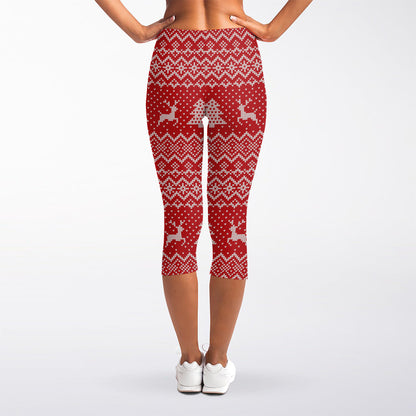 Geometric Xmas Knitted Pattern Print Women's Capri Leggings