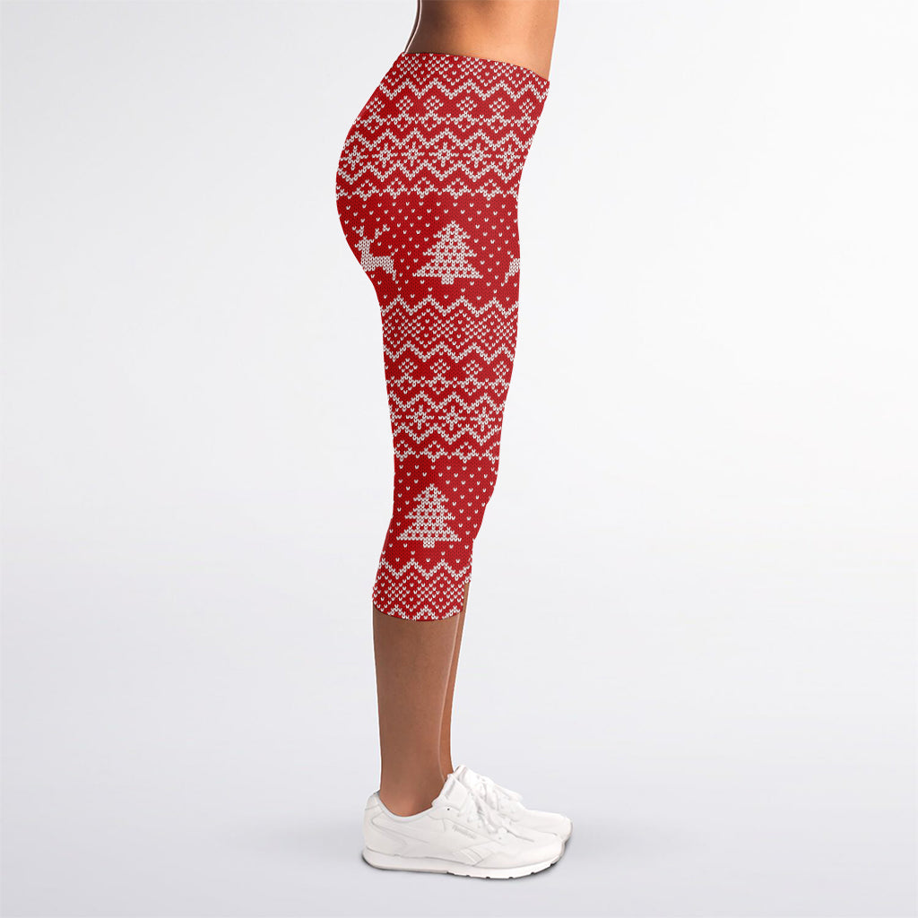 Geometric Xmas Knitted Pattern Print Women's Capri Leggings