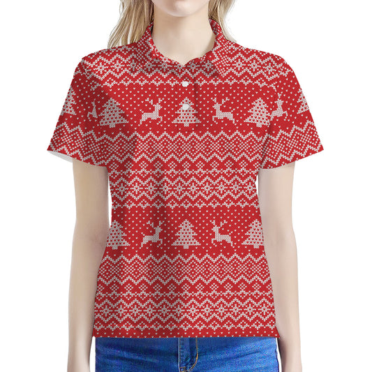 Geometric Xmas Knitted Pattern Print Women's Polo Shirt
