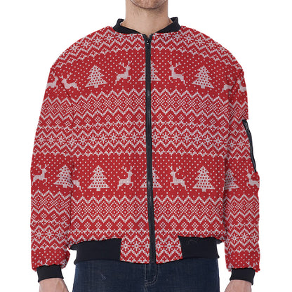 Geometric Xmas Knitted Pattern Print Zip Sleeve Bomber Jacket