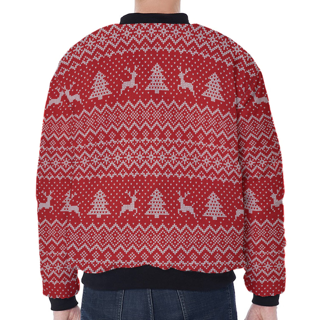Geometric Xmas Knitted Pattern Print Zip Sleeve Bomber Jacket