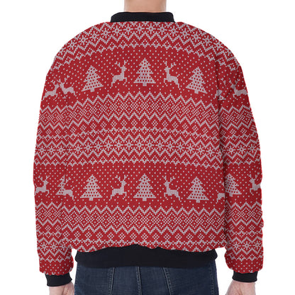 Geometric Xmas Knitted Pattern Print Zip Sleeve Bomber Jacket