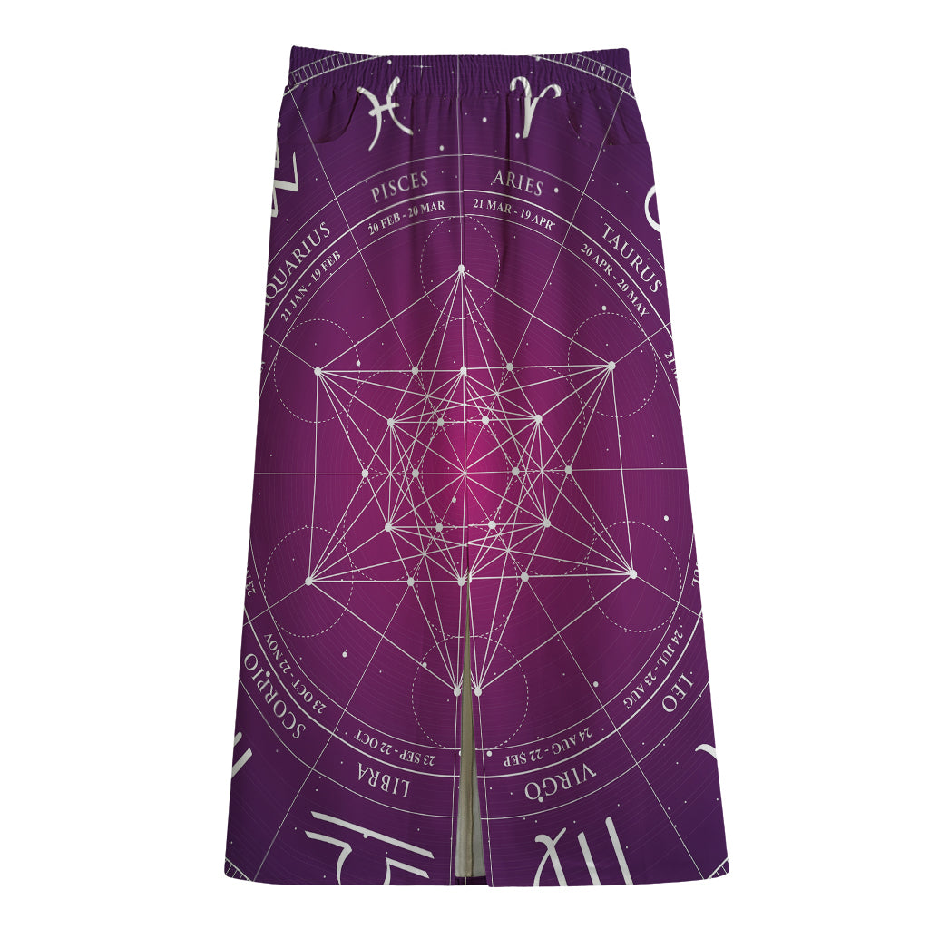 Geometric Zodiac Calendar Print Cotton Front Slit Maxi Skirt