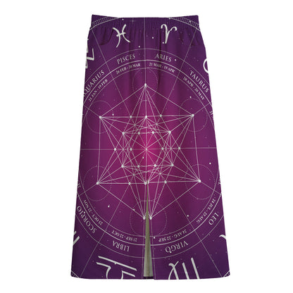 Geometric Zodiac Calendar Print Cotton Front Slit Maxi Skirt