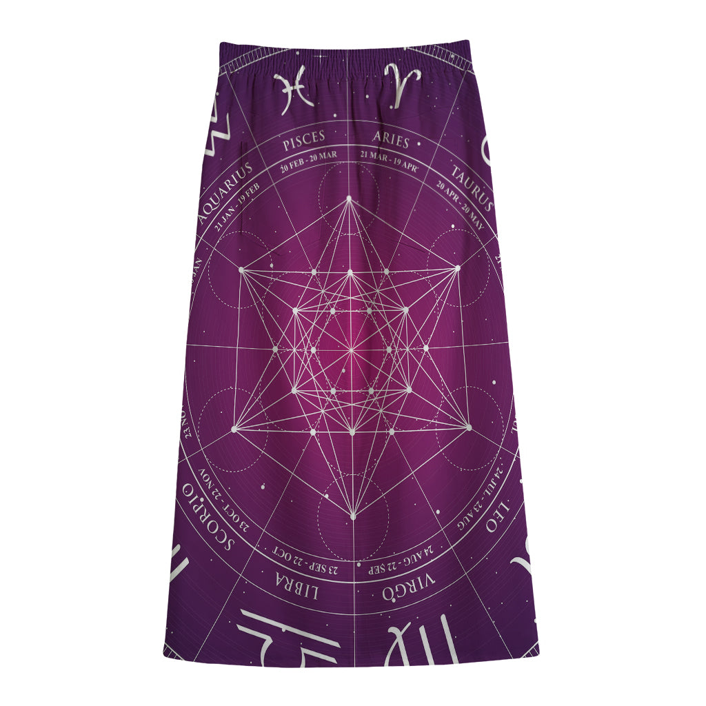 Geometric Zodiac Calendar Print Cotton Front Slit Maxi Skirt