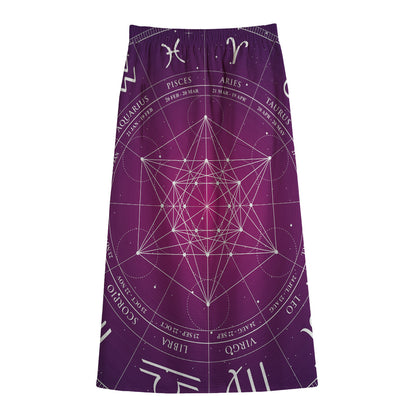 Geometric Zodiac Calendar Print Cotton Front Slit Maxi Skirt