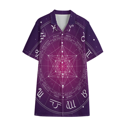 Geometric Zodiac Calendar Print Cotton Hawaiian Shirt
