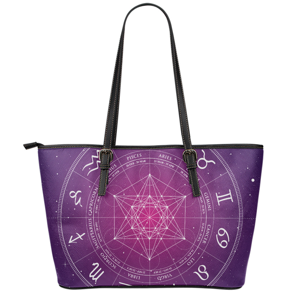 Geometric Zodiac Calendar Print Leather Tote Bag
