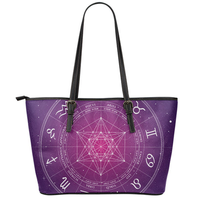 Geometric Zodiac Calendar Print Leather Tote Bag