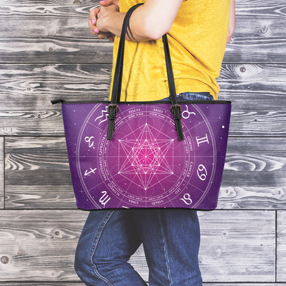 Geometric Zodiac Calendar Print Leather Tote Bag