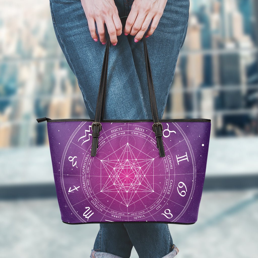 Geometric Zodiac Calendar Print Leather Tote Bag