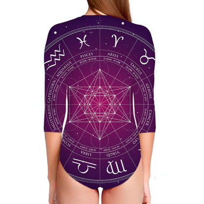 Geometric Zodiac Calendar Print Long Sleeve Swimsuit