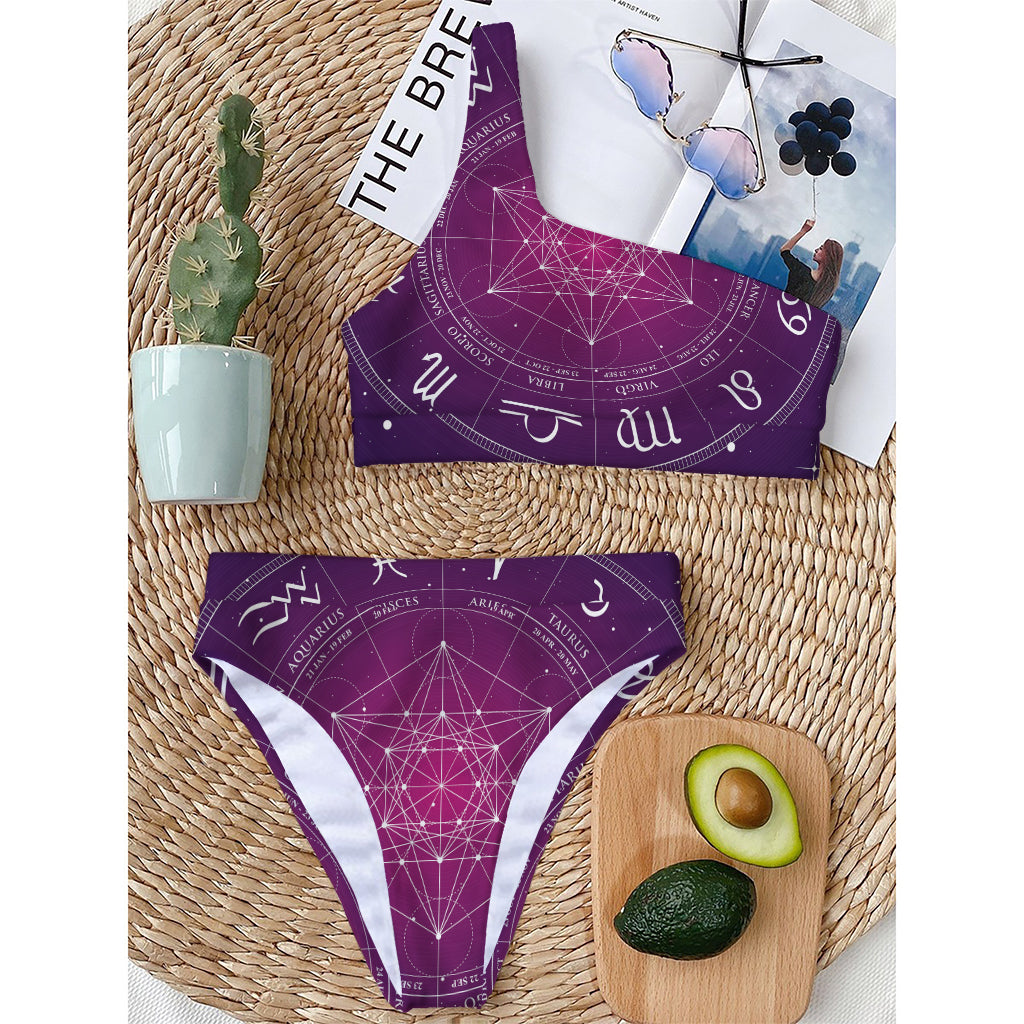 Geometric Zodiac Calendar Print One Shoulder Bikini Top