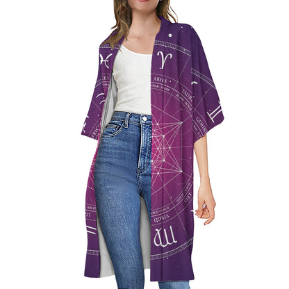 Geometric Zodiac Calendar Print Open Front Beach Cover Up
